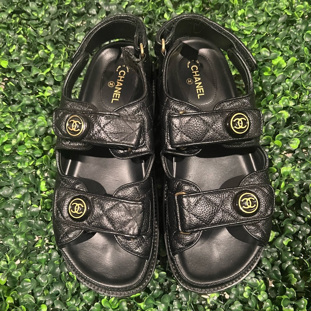 Authentic CHANEL CC Buttons Caviar Skin Dad Sandals Black Leather Size 37